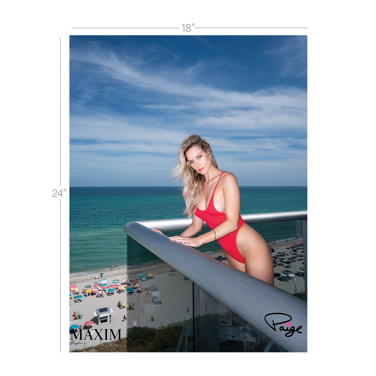 18 by 24 inch poster of Paige in red bathing suit
