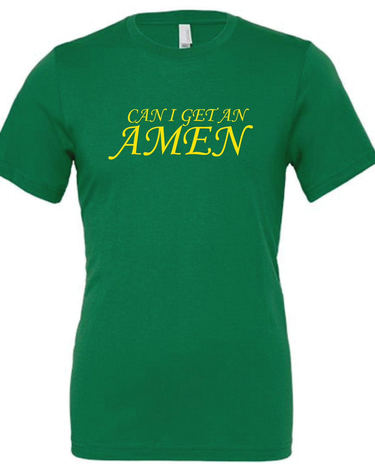 green shirt with yellow AMEN text