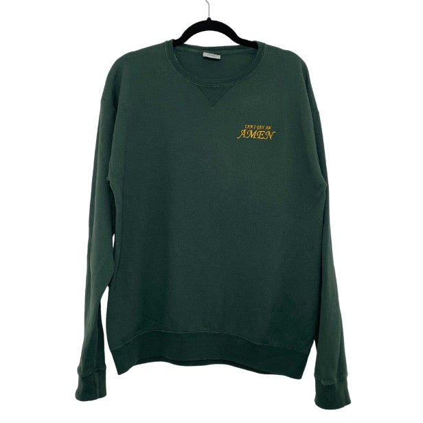 Green sweatshirt with embroidered can I get an amen on left chest