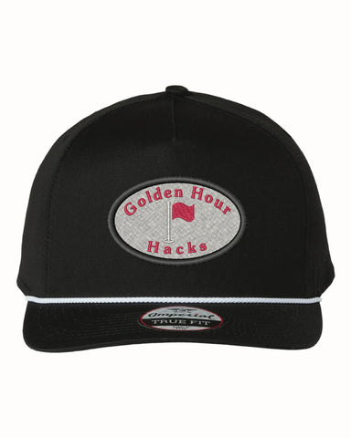 black imperial rope hat with golden hour hacks embroidered logo on front. adjustable fit.