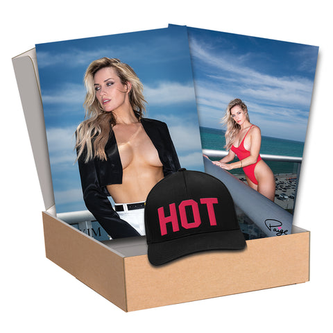 gift set with G/FORE black snapback hat with HOT in red letter plus two 18x24 inch posters of Paige from her Maxim Hot 100 shoot