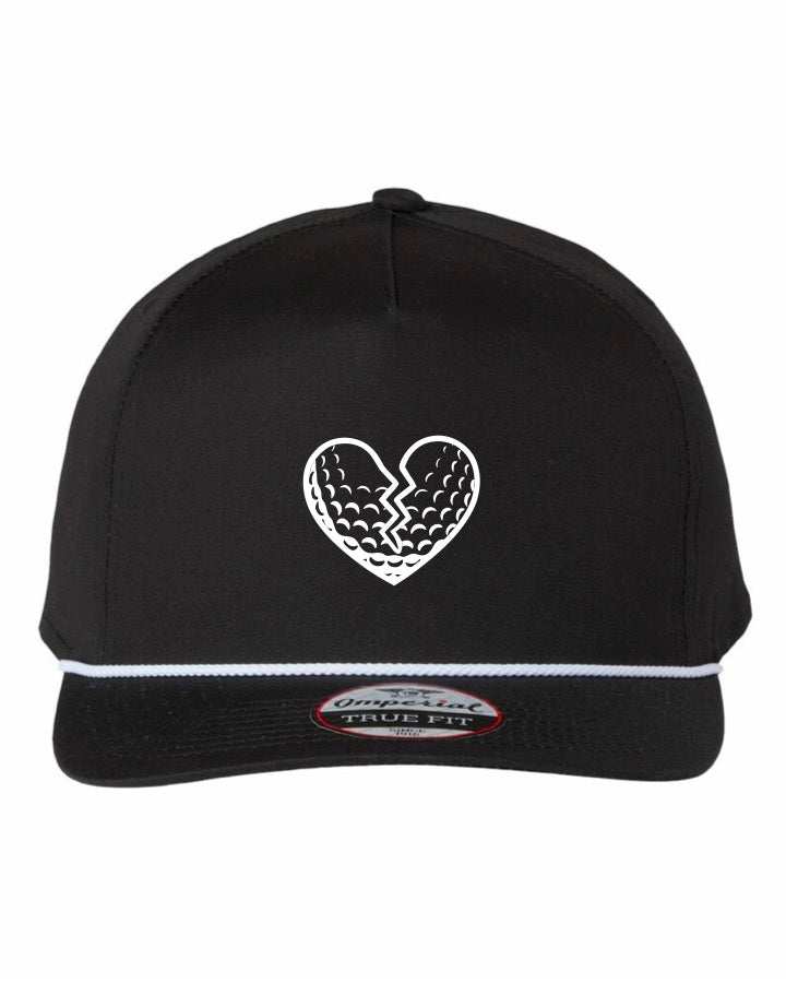 black rope hat with heart shaped golf ball logo